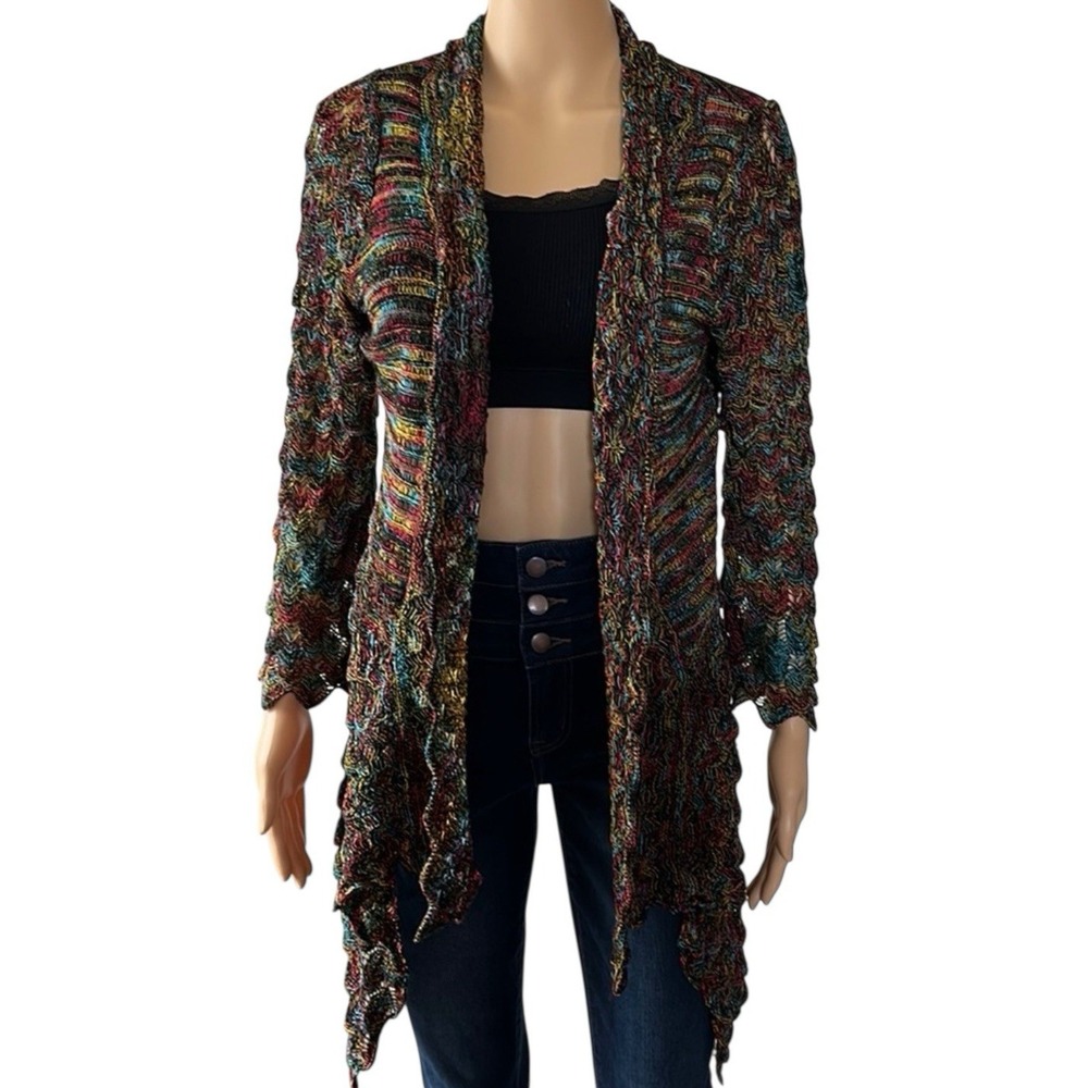 P Luca Rainbow Chevron Hi Lo Midi Open Ruffle Knit Cardigan Duster Boho‎ Pride L